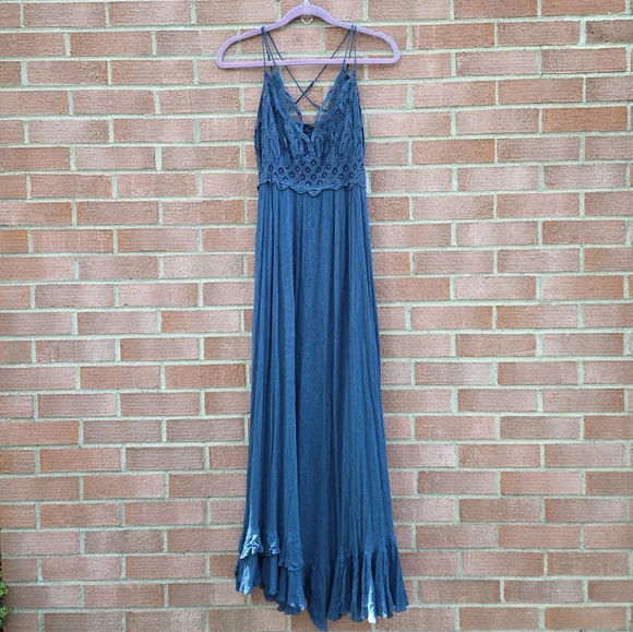 Free People One Strappy Adella Dress Womens Large Slate Teal Ruffle Maxi Large - Picture 6 of 9